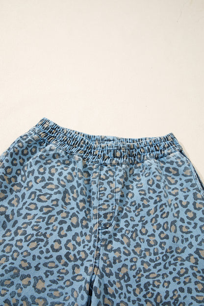 Blue Leopard Print Exposed Seam Detail Wide Leg Drawstring Jeans