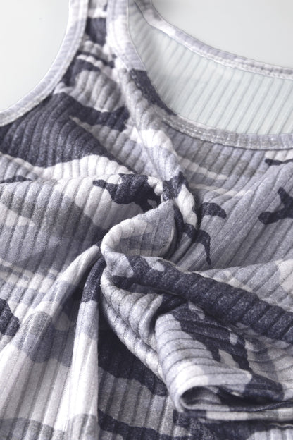 Gray Camouflage Print Ribbed Knit Round Neck Tank Top