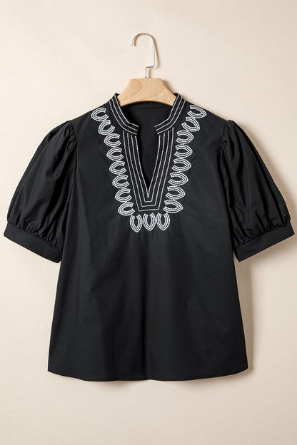 Black Short Puff Sleeve Contrast Embroidered Detail V Neck Blouse