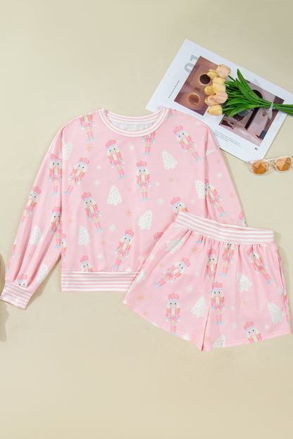 Pink Christmas Tree Nutcracker Doll Print Contrast Trim Long Sleeve Top Matching Shorts Set