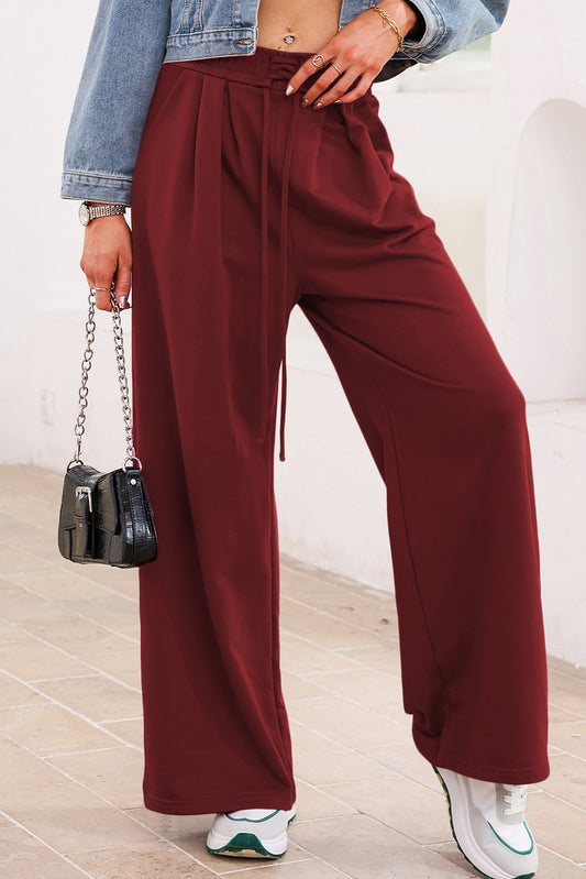 Burgundy Tied Elastic High Waist Pleated Detail Solid Sweatpants