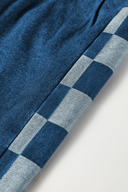 Sail Blue Checkered Side Panel Patchwork Drawstring Loose Denim Pants
