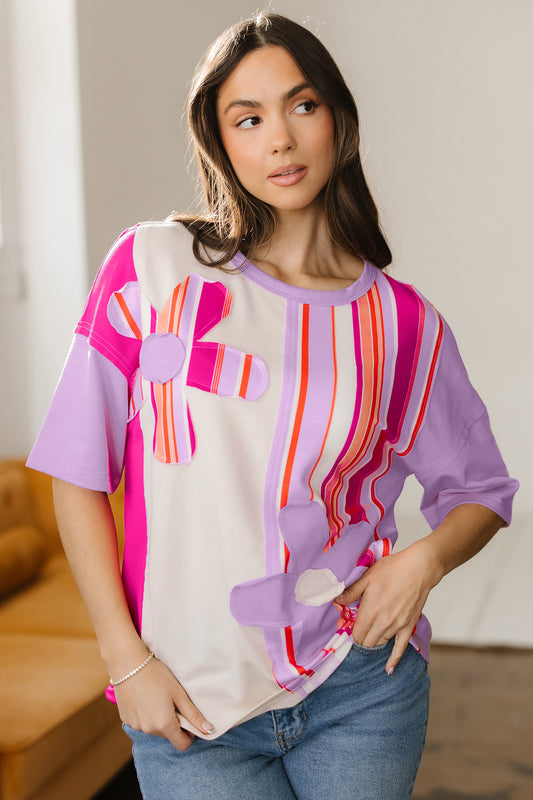 Pink Striped Color Block Flower Patched Half Sleeve Loose Top