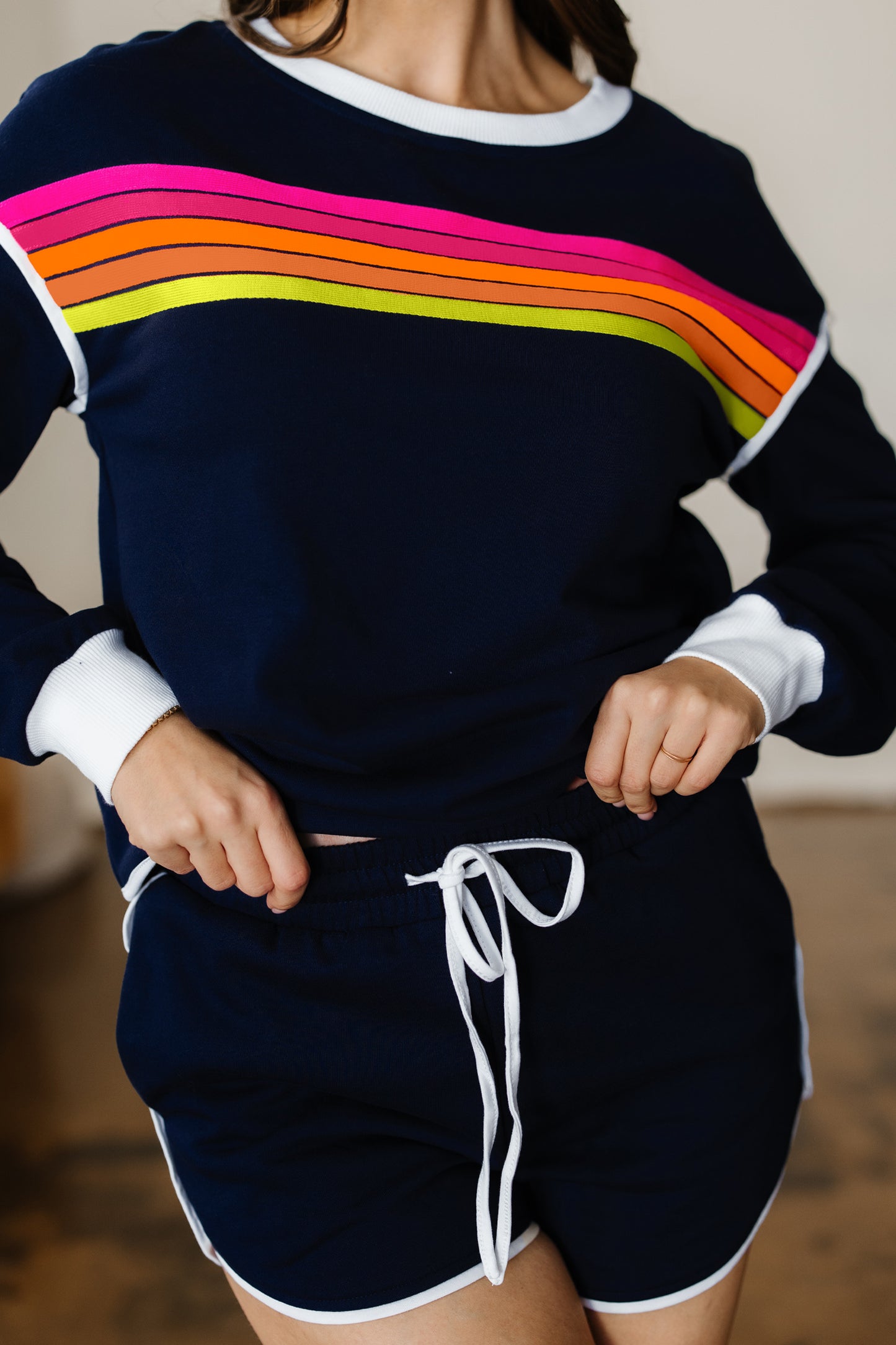 Bluing Colorful Striped Accent Varsity Long Sleeve Pullover and Shorts Matching Set