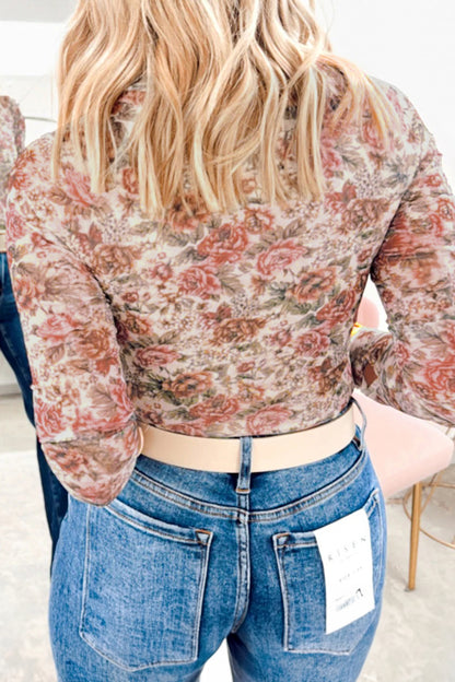 Pink Plus Size Floral Mock Neck Long Sleeve Slim Top