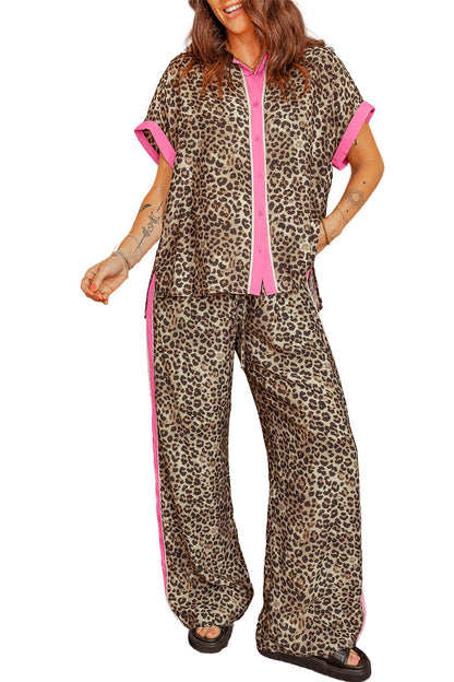 Brown Contrast Trim Leopard Top and Pant Set