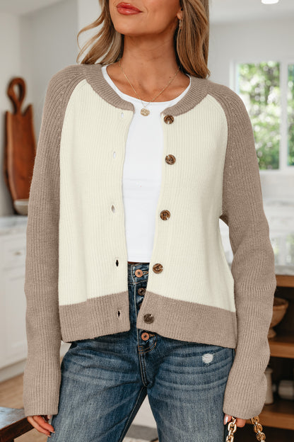 White Color Block Ribbed Knit Button Down Sweater Cardigan