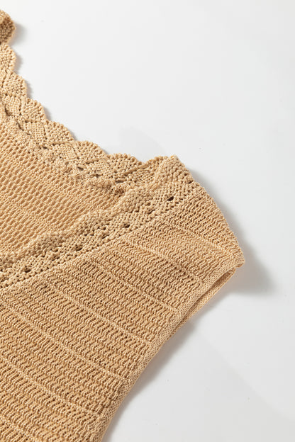 Pale Khaki Hollow out Trim Buttoned Front Boho Sweater Vest