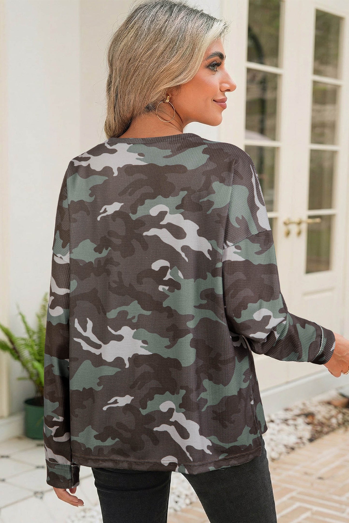 Green Camouflage Print Textured Drop Shoulder Long Sleeve Top