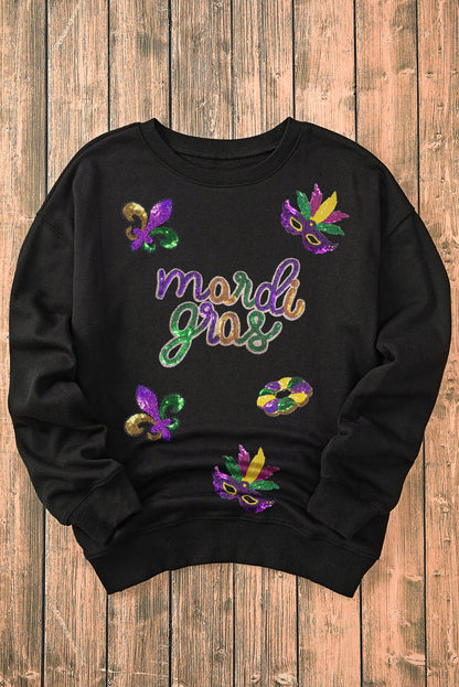 Black Sequin Fleur-de-Lis Pullover Sweatshirt