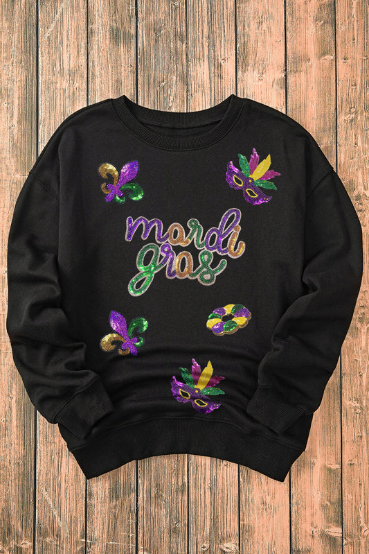 Black Sequin Fleur-de-Lis Pullover Sweatshirt