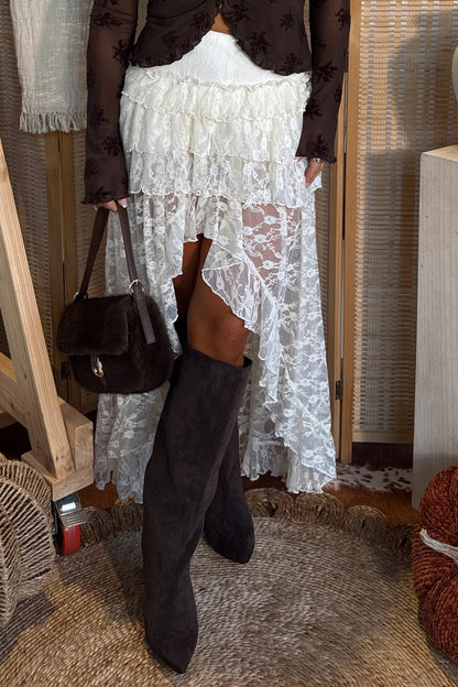 White Sheer Lace Frilly Ruffles High Low Long Skirt