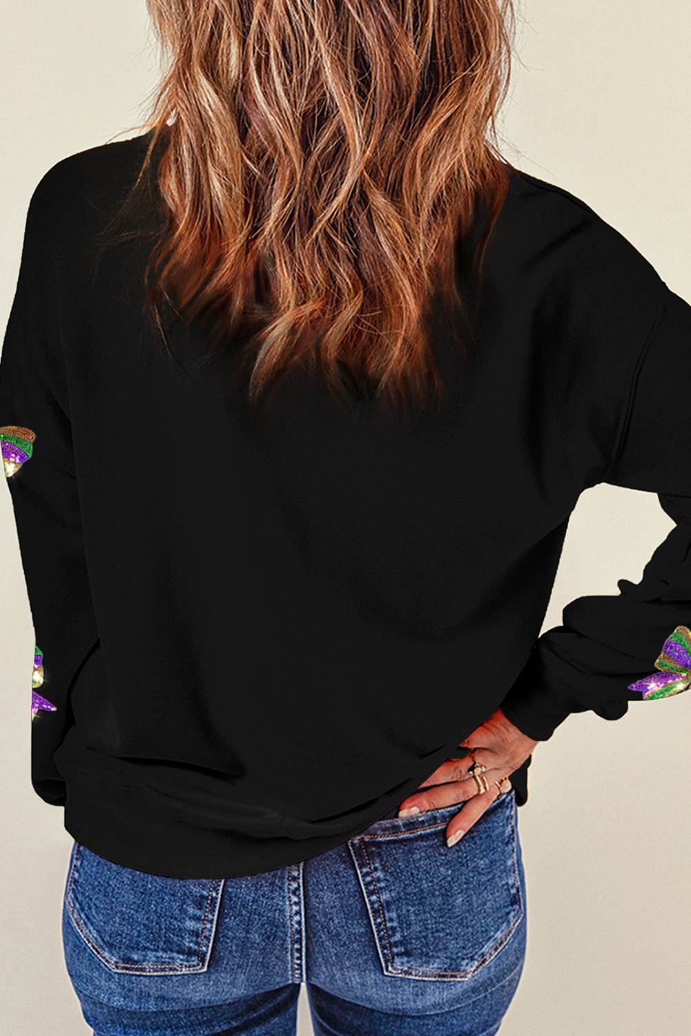 Black Sequin Mardi Gras Bow Pullover Sweatshirt