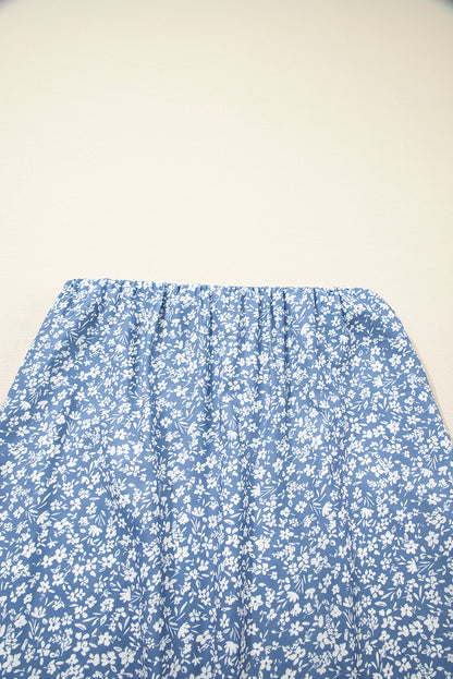 Sky Blue Boho Floral High Waist Long Skirt with Side Split