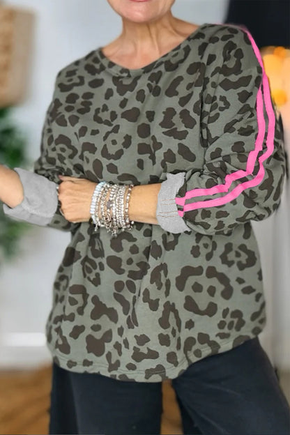 Green Leopard Print Varsity Striped Trim Long Sleeve Top