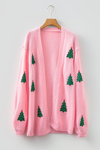 Light Pink Christmas Tree Print Open Front Drop Shoulder Midi Cardigan