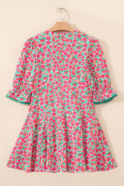 Pink Floral Print V Neck Patchwork Short Bubble Sleeve Mini Dress