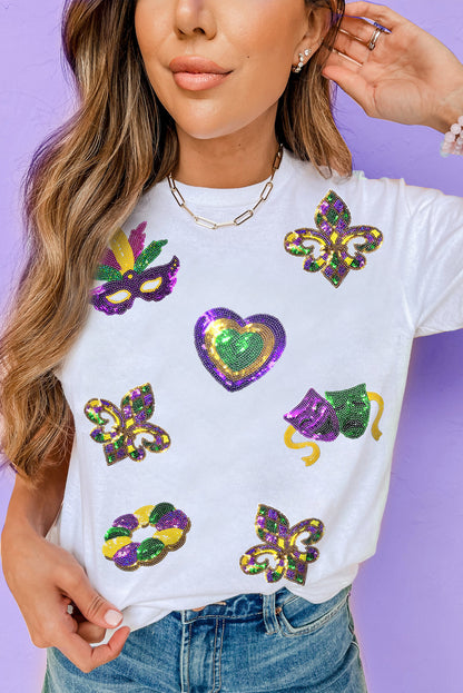 White Sequin Mardi Gras Symbol Tee