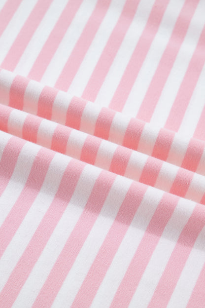 Pink Stripe Drop Shoulder Round Neck Top and Buttoned Straight Pants Two Piece Set