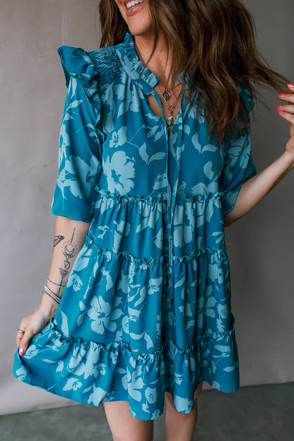 Blue Floral Ruffled Tiered Mini Dress