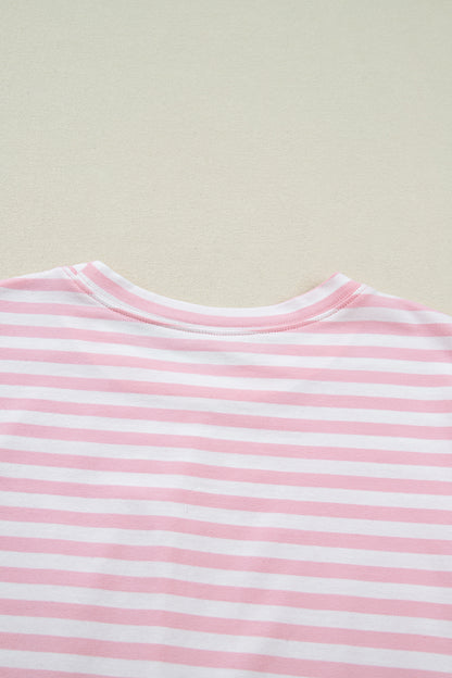 Pink Stripe Drop Shoulder Round Neck Top and Buttoned Straight Pants Two Piece Set