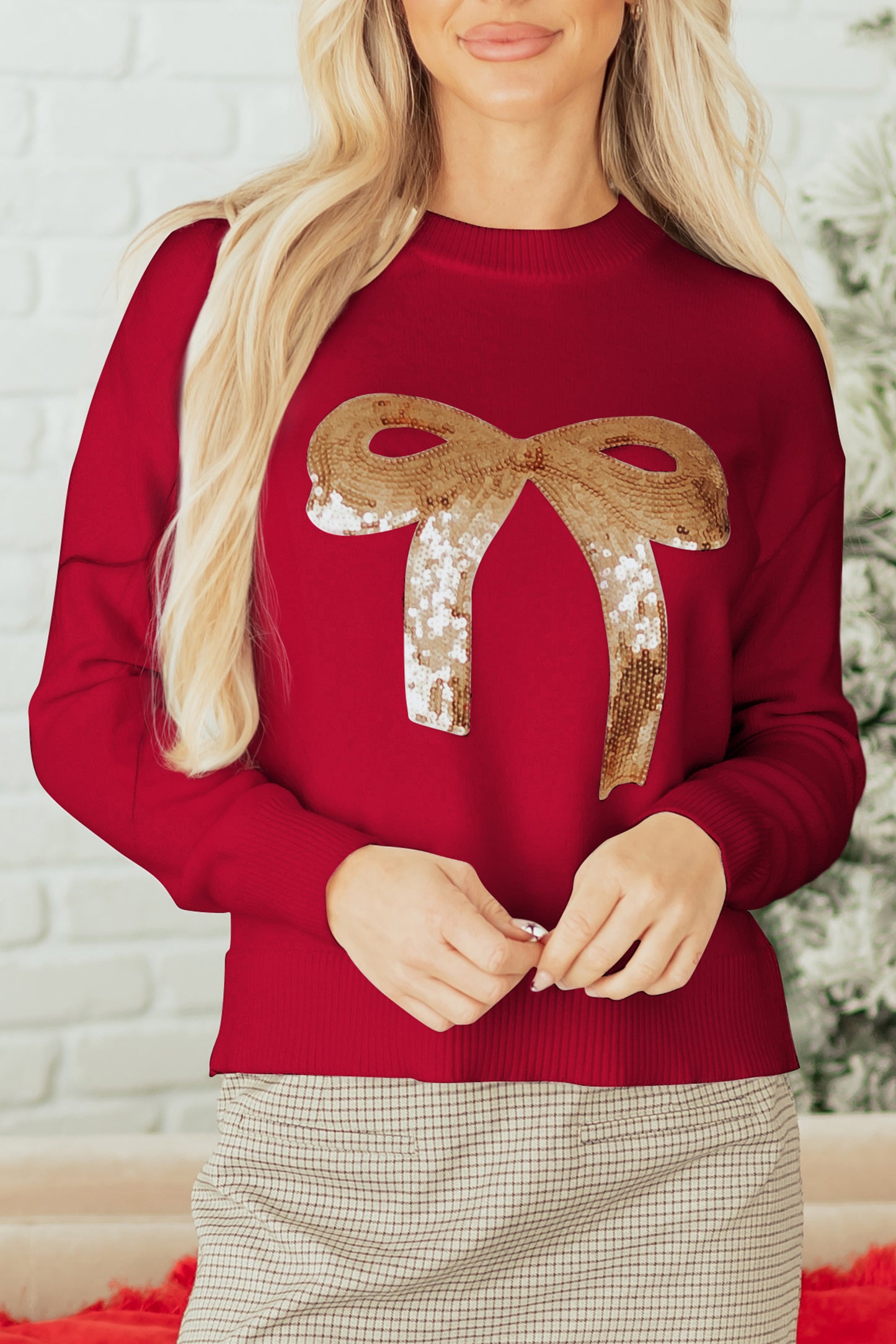 Fiery Red Sequined Bow Graphic Christmas Holiday Sweater