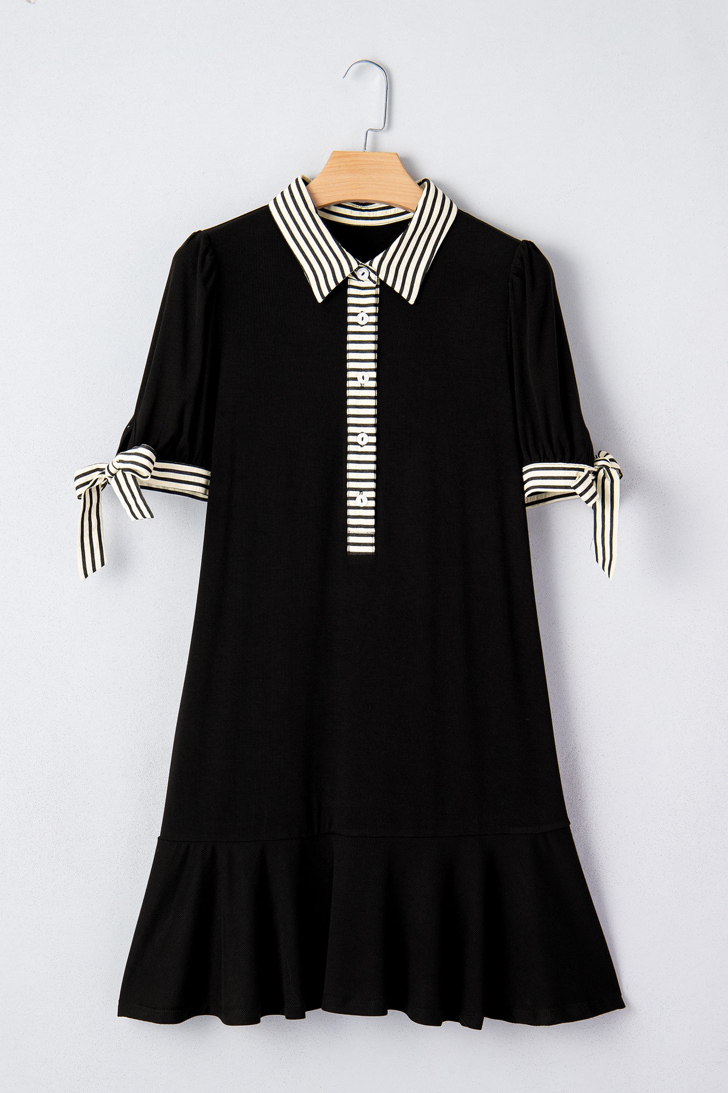 Black Stripe Detail Polo Collar Half Buttons Tied Short Sleeve Shift Mini Dress