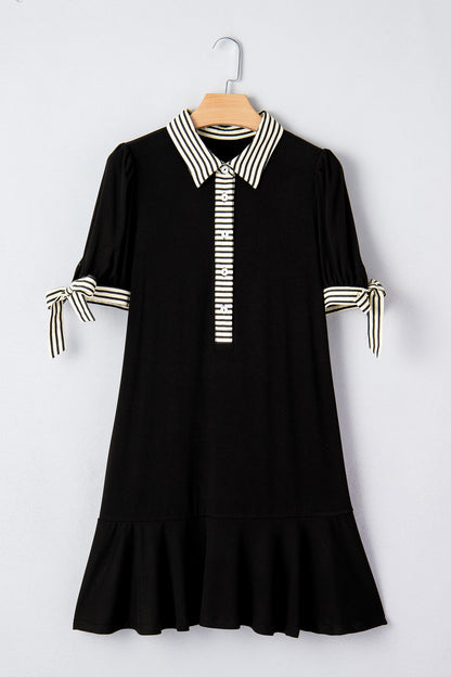 Black Stripe Detail Polo Collar Half Buttons Tied Short Sleeve Shift Mini Dress