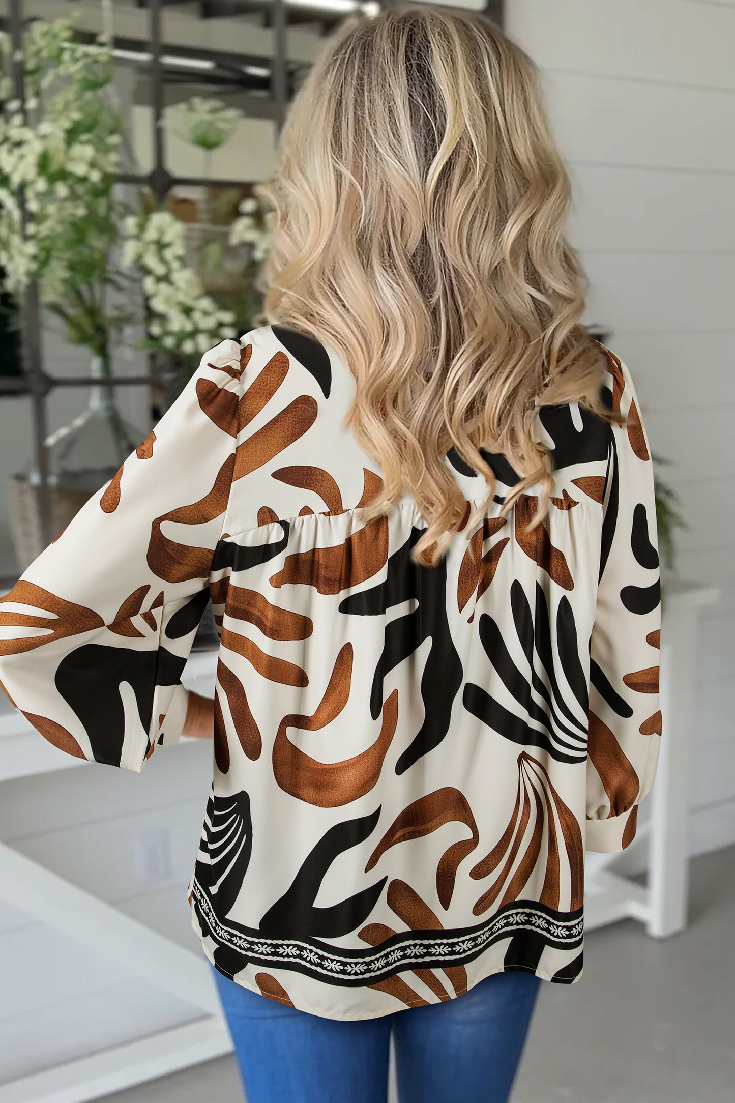 Brown Abstract Puff Sleeve Blouse