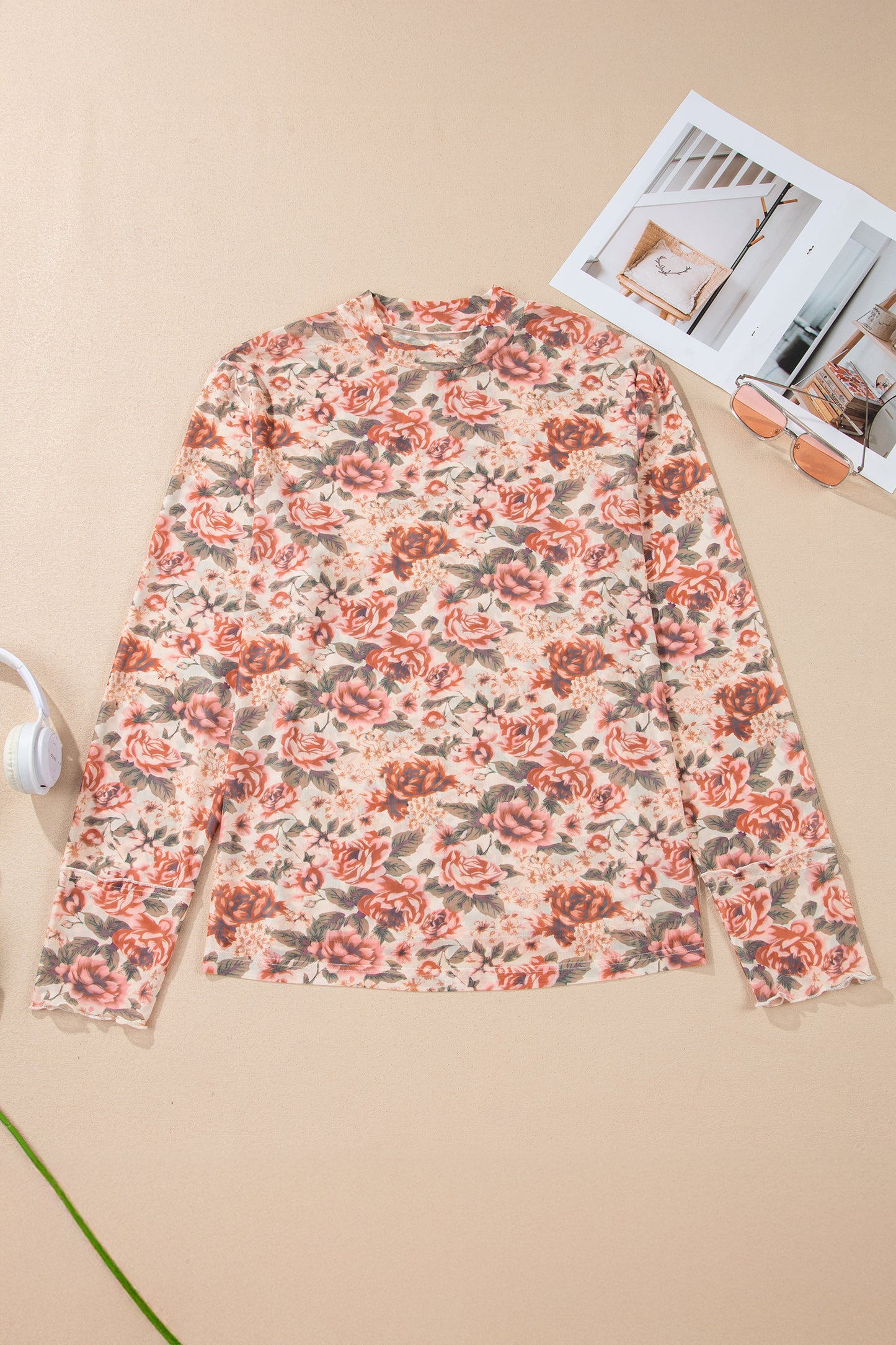 Pink Plus Size Floral Mock Neck Long Sleeve Slim Top